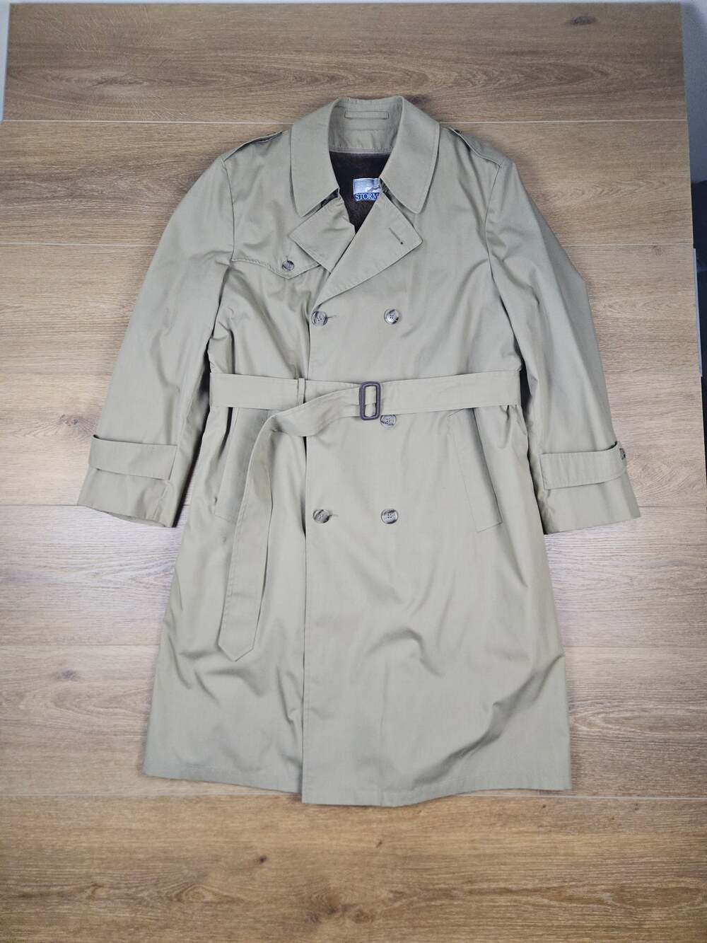 VTG Stormport Trench Coat Mens 44R Tan Belted Double Breasted Faux Fur Liner USA